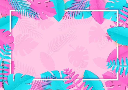 Summer Tropical palm leaves  plants in trandy paper cut style. White horizontal rectangular frame on exotic blue pink leaves on pink background Hawaiian summer time. Vector card illustration