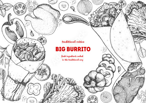 Burrito and ingredients for burrito sketch. Mexican food vector illustration. Food menu engraved elements.