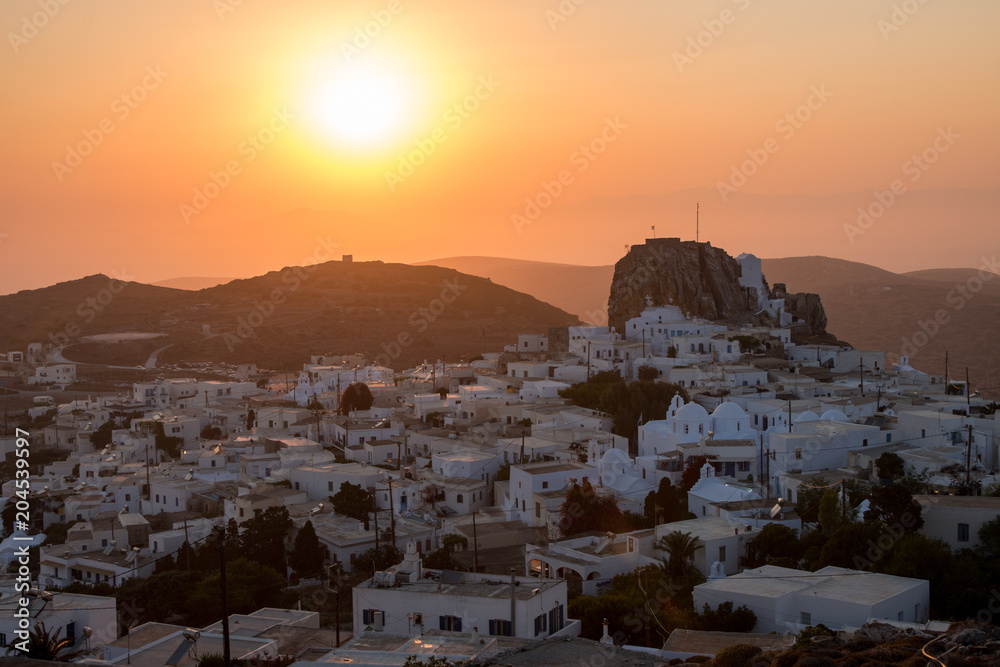 Panoramic view of Amorgos with its castle, at sunset