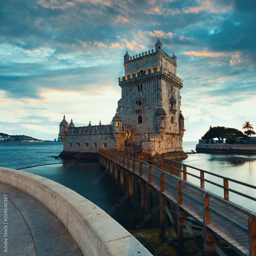 Fototapeta premium Belem Tower on the Tagus River in sunset. Lisbon, Portugal.