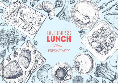 Business lunch top view frame. Food menu design. Vintage hand drawn sketch vector illustration.