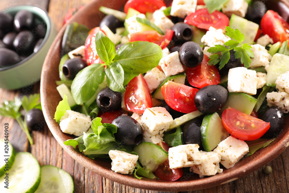 salad with feta, tomato, olive and basil salad with feta, tomato, olive and basil