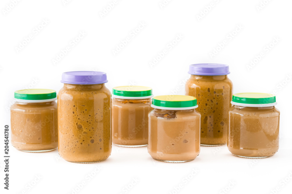 Baby food: Jar with fruit puree isolated on white background
Baby food: Jar with fruit puree isolated on white background