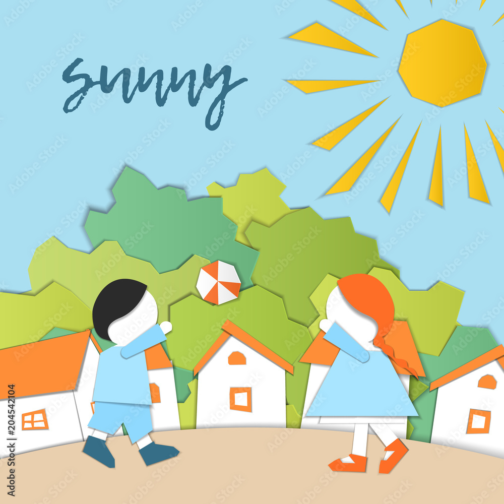Vector Characters. Weather Forecast in papercut style. Girl and boy outdoors on a sunny day.Children's applique style