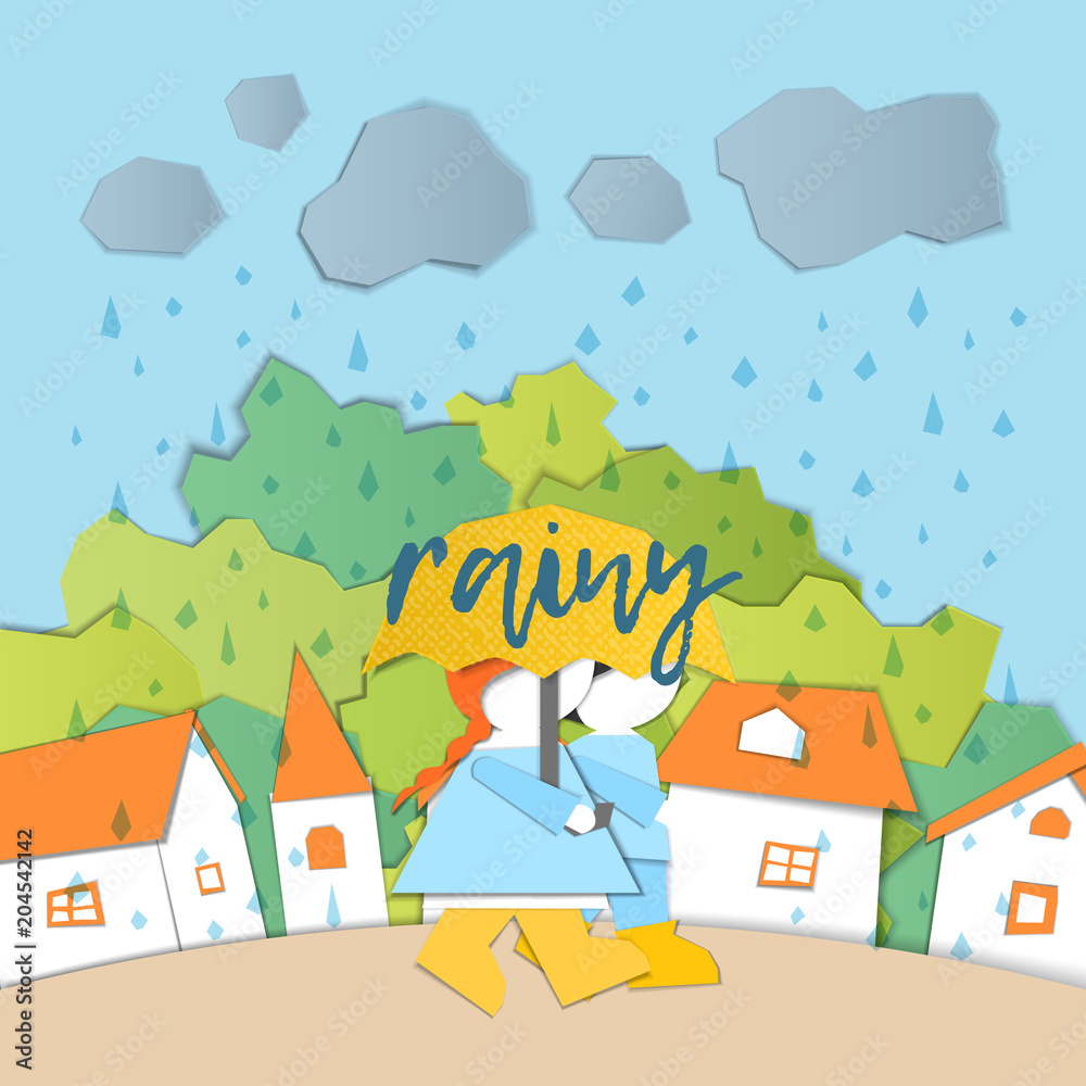 Vector Characters. Weather Forecast in papercut style. Girl and boy outdoors on a rainy day.Children's applique style
