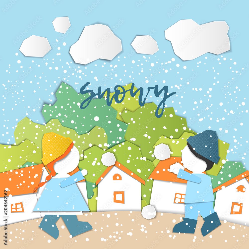 Vector Characters. Weather Forecast in papercut style. Girl and boy outdoors on a snowy day.Children's applique style