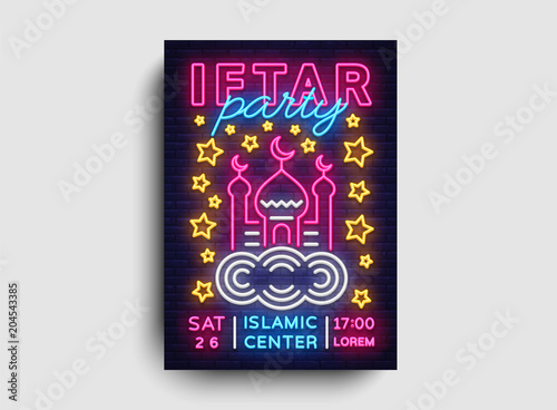 Iftar party invitation design template vector. Iftar Party leaflet flyer modern style, neon style, light banner, bright festive advertising for Islamic festival, Arabic culture, Ramadan Kareem.
