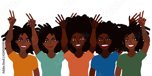 Hand drawn vector illustration of group of happy smiling black women together holding hands up with piece sign, open palm. Flat style. Isolated on white. Feminism diversity tolerance concept.