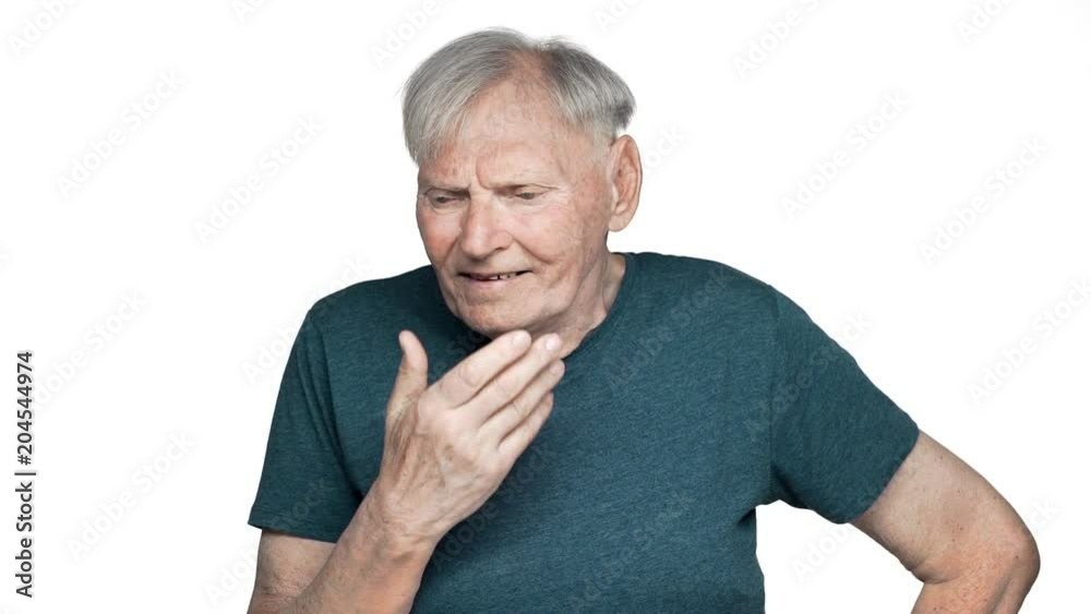 Portrait of perplexed mature man 80s having gray hair touching his chin in doubts and reflecting or choosing best option in slow motion, isolated over white background Portrait of perplexed mature man 80s having gray hair touching his chin in doubts and reflecting or choosing best option in slow motion, isolated over white background