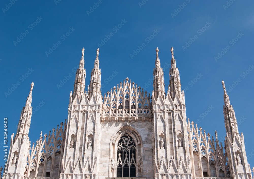 Top of the main facade of the Milan Cathedral