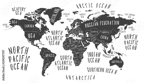Naklejka na ścianę Mapa Ziemi z nazwą krajów