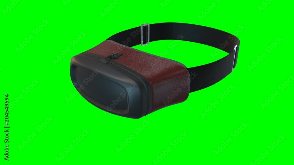 animation shot of 3d rendering virtual reality headset moving into the scene with smartphone insert and zooming into the screen in the end, green screen background with alpha channel section.