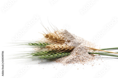 Slika na platnu Pile of integral spelt flour with green wheat isolated on white background