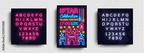 Iftar party invitations poster vector template design. Bright Islamic illustration card in modern trend neon style, banner, Celebration of the Islamic holiday Ramadan Kareem. Editing text neon sign