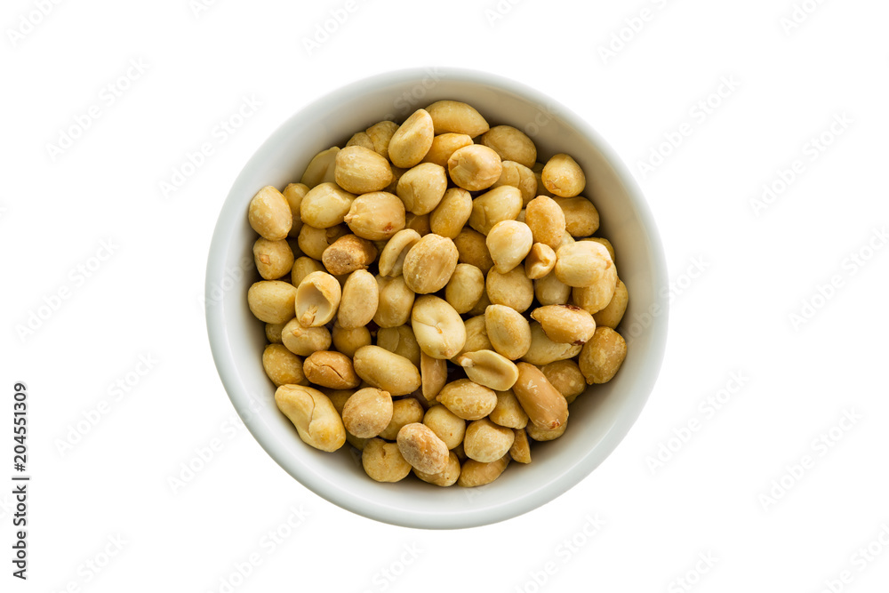 Bowl of fresh roasted peanuts isolated on white Bowl of fresh roasted peanuts isolated on white