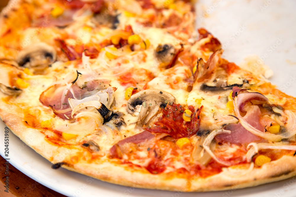Close up shot of pizza with prosciutto and mushrooms Close up shot of pizza with prosciutto and mushrooms