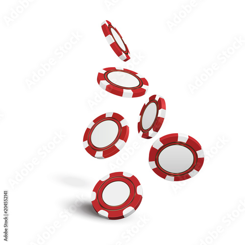 casino red chips isolated on white realistic vector 3d objects. Online casino banner. Red realistic chip in the air. Gambling concept, poker mobile app icon