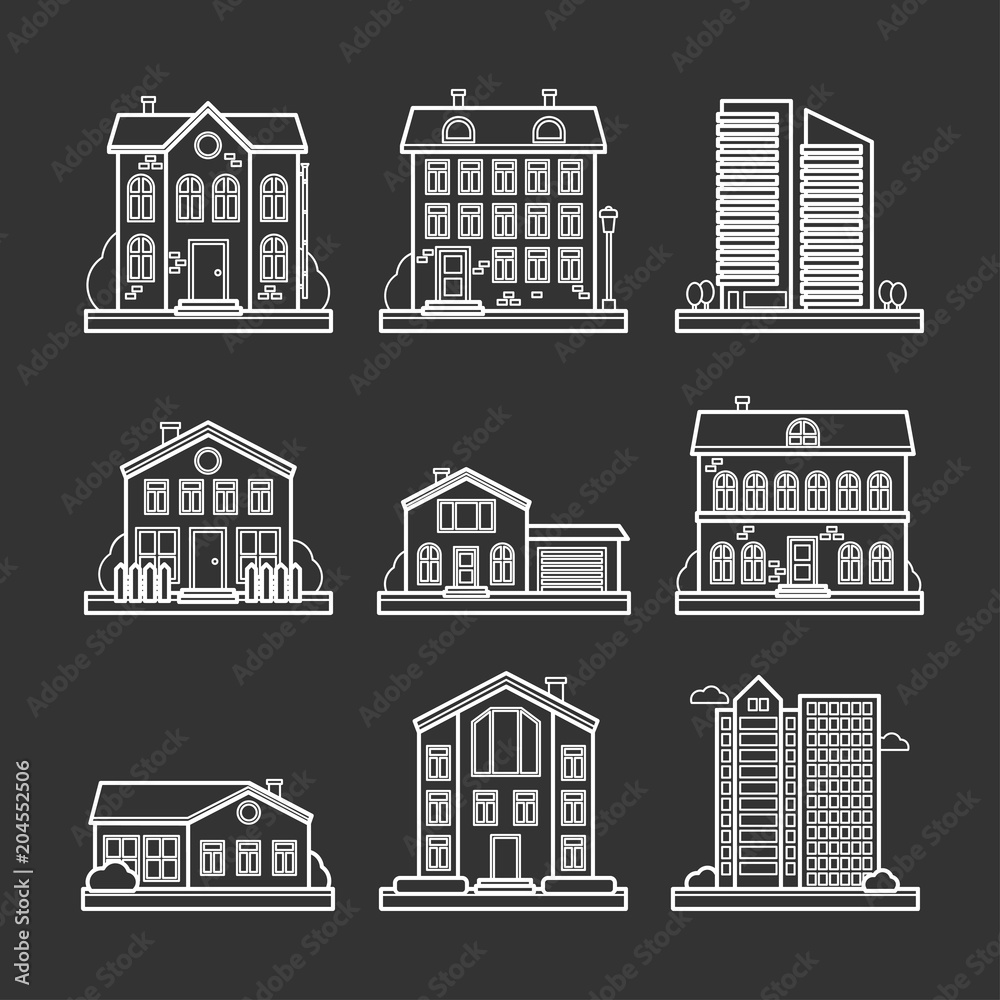 Collection of vector line city and rural houses for web design and illustration