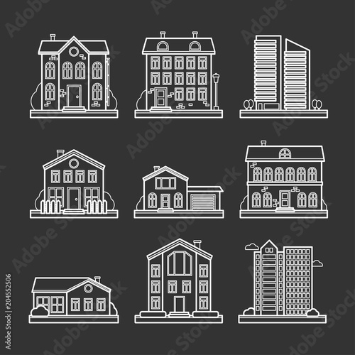 Collection of vector line city and rural houses for web design and illustration © iromanova1983