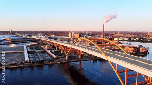 Aerial view of city. Industrial cityscape. Milwaukee, Wisconsin, USA. Industrial pollution, emissions