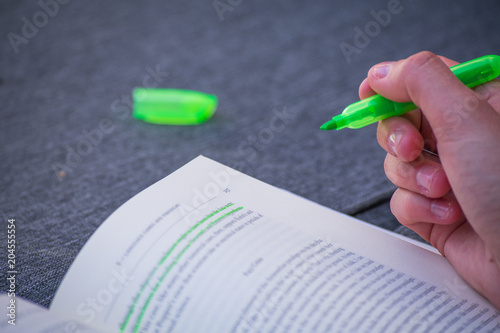 Green Highlight Highlighter Held By Girl Woman Hand School Study Book Marking