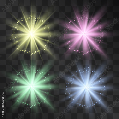 Glowing vector light effect set, party star soffits, projector rays with shining halo. Decorative glitter sparkles crown. Highlight design details on transparent background