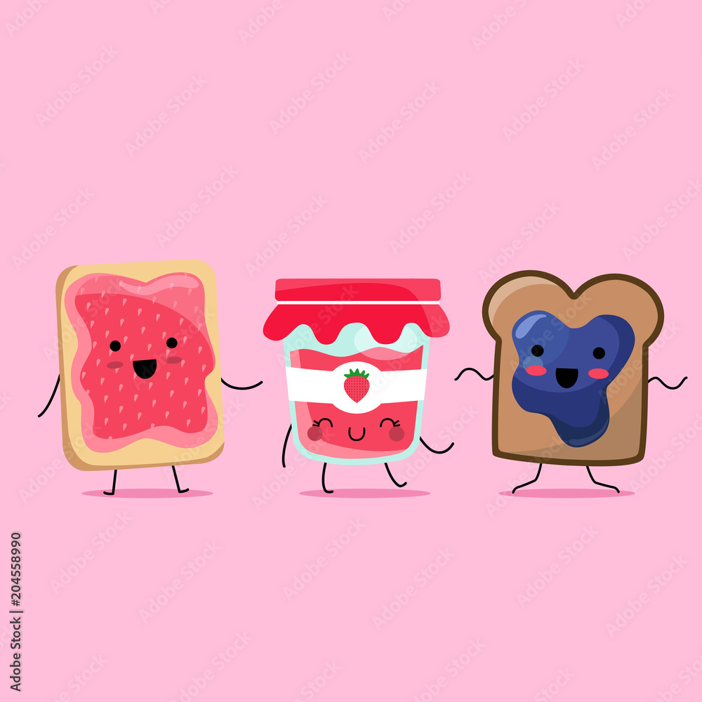 Kawaii illustration of a funny and yummy breakfast set dancing happily. There’s a bottle of strawberry jam glass bottle and two toasts: one with strawberry and the other one with blueberry. They all h