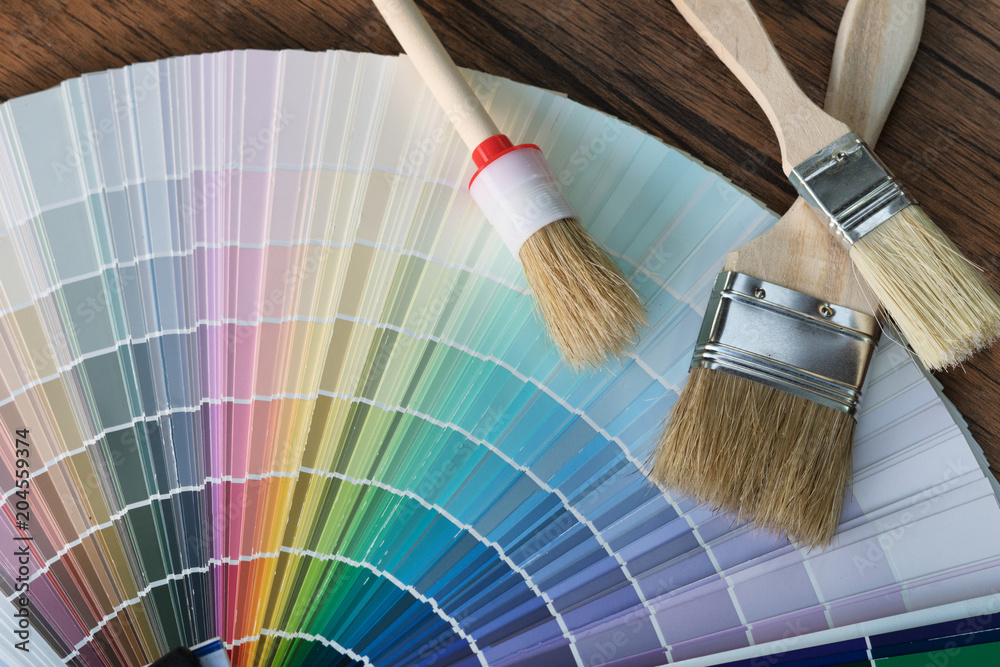 custom made wallpaper toronto digitalPainter and decorator work table with house project, color swatches, painting roller and paint brushes