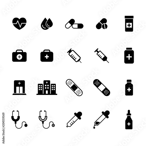 Medical Flat Icons Set. Pharmacy signs and symbols in vector format.