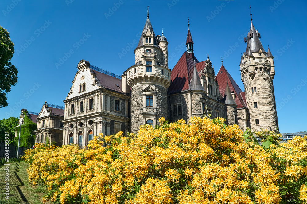 Obraz premium Neo-Gothic towers of the historic Moszna castle in Poland.
