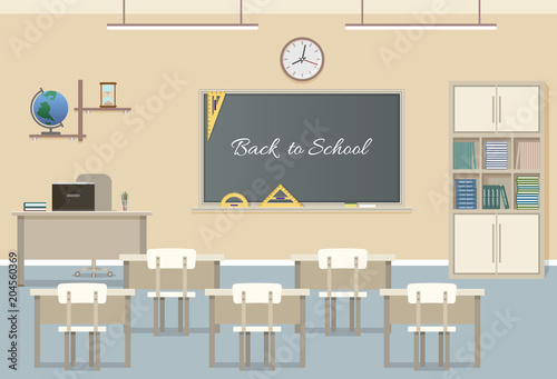 School class room interior design with text on chalkboard. School classroom with chalkboard, student desks and teacher's desk.
