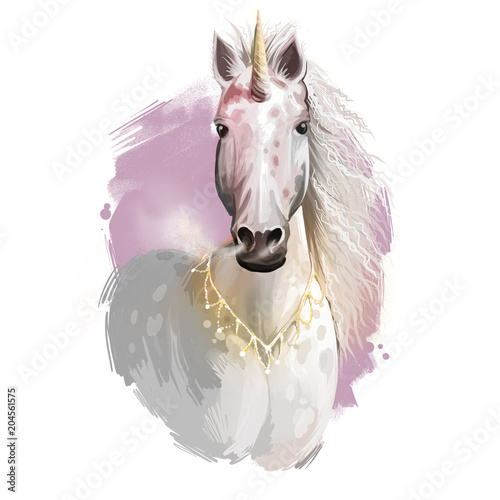 Unicorn digital art illustration isolated on white background. Legendary ancient mythological crature, fairy-tale dreamlike animal character drawing. Hand drawn graphic clip art for web, print, design photo