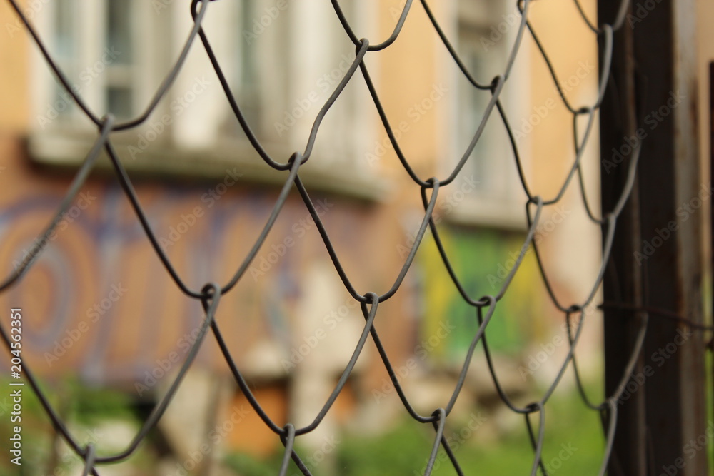 Fototapeta premium Metal Mesh Fence Fragment Foreground And Graffiti Wall Background City Sofia Bulgaria.