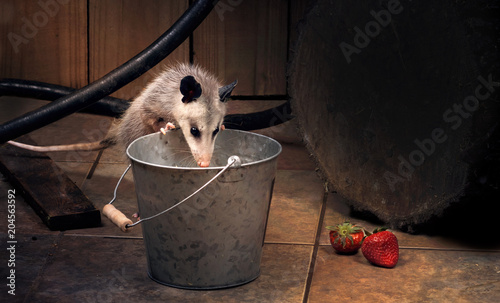 Young Virginia opossum (Didelphis virginiana) checks what's in the bucket. Night scene, backyard. Texas, United States
