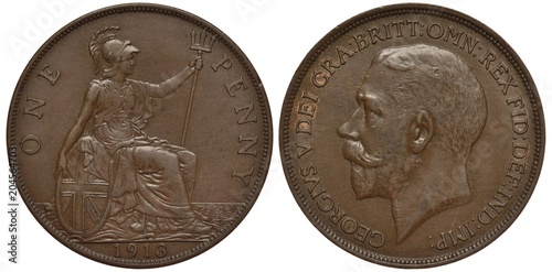 United Kingdom, British one penny 1913, seated Britannia with oval shield and trident, sea below, King George V head left, bronze,  photo