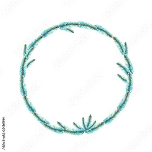 branches of a blue Christmas tree fir fir pine watercolor wreath blue isolated on white background