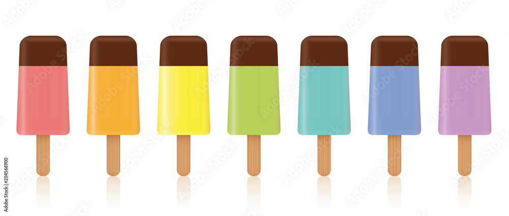 Ice lollys, colored set. Rainbow colored fruity collection of seven frozen popsicles with chocolate glaze topping - isolated vector illustration on white background.