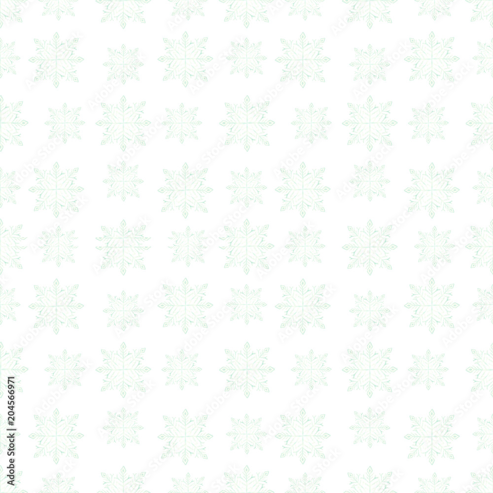Light watercolor thin pale blue seamless pattern on a white background of small icy winter snowflakes shades of fine lines geometry