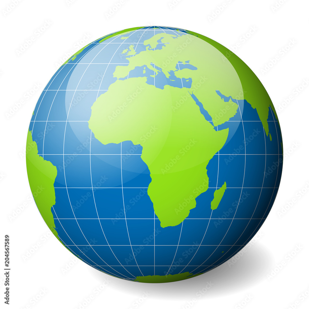 Earth globe with green world map and blue seas and oceans focused on Africa. With thin white meridians and parallels. 3D glossy sphere vector illustration.