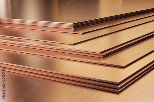 Copper sheets. Rolled metal products, close-up. 3d illustration. 