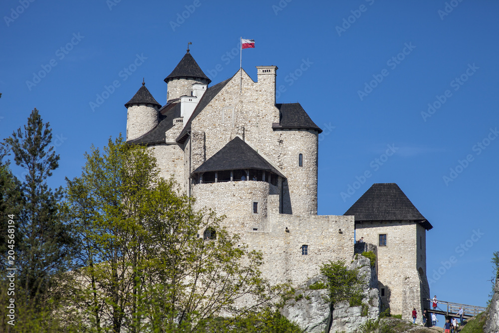 BOBOLICE, POLAND - APRIL 28, 2018:Ruins of a Gothic castle in Bobolice, Poland. Castle in the village of Bobolice, Jura Krakowsko-Czestochowska. Castle in eagle nests style.