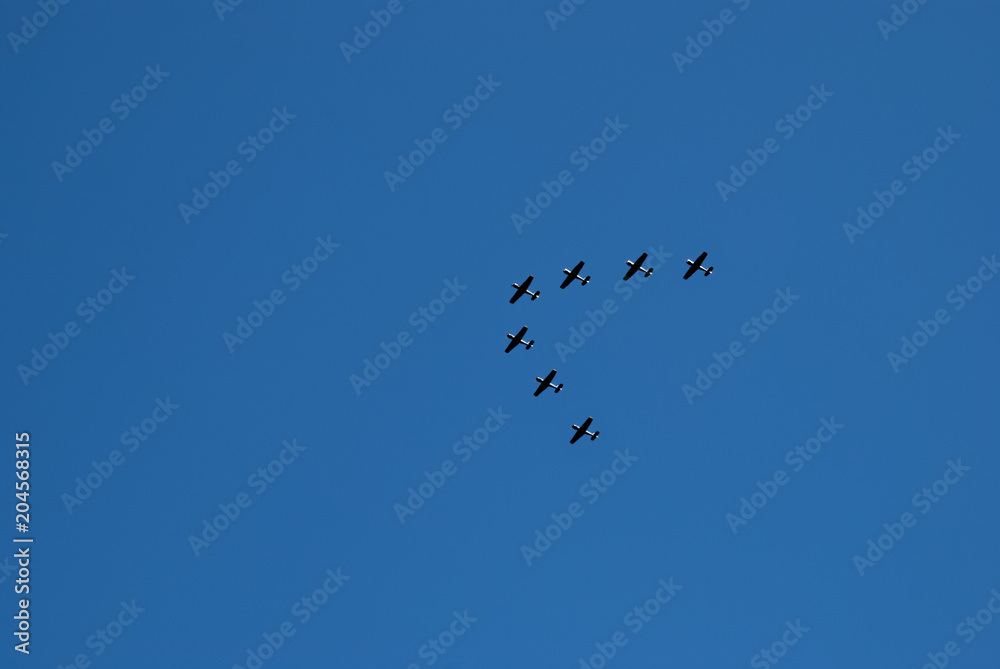 Seven Black airplanes flies up in blue sky