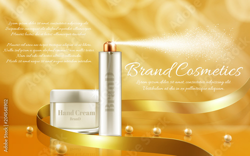Vector promotion banner with glass jar and spray bottle for cosmetic products, hand cream, body lotion, freshener, tonik isolated on yellow background with shining pearls. Package set for brand design