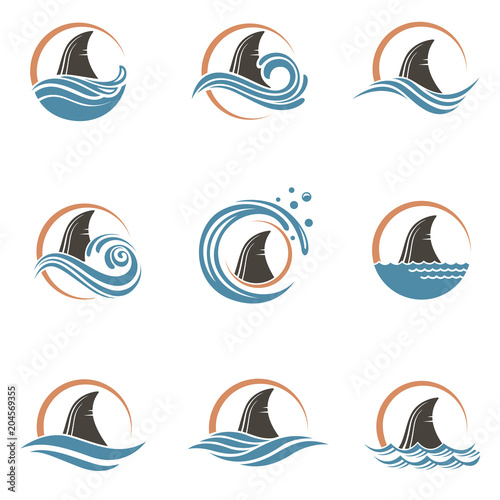 abstract collection of shark fin, sun and sea icons