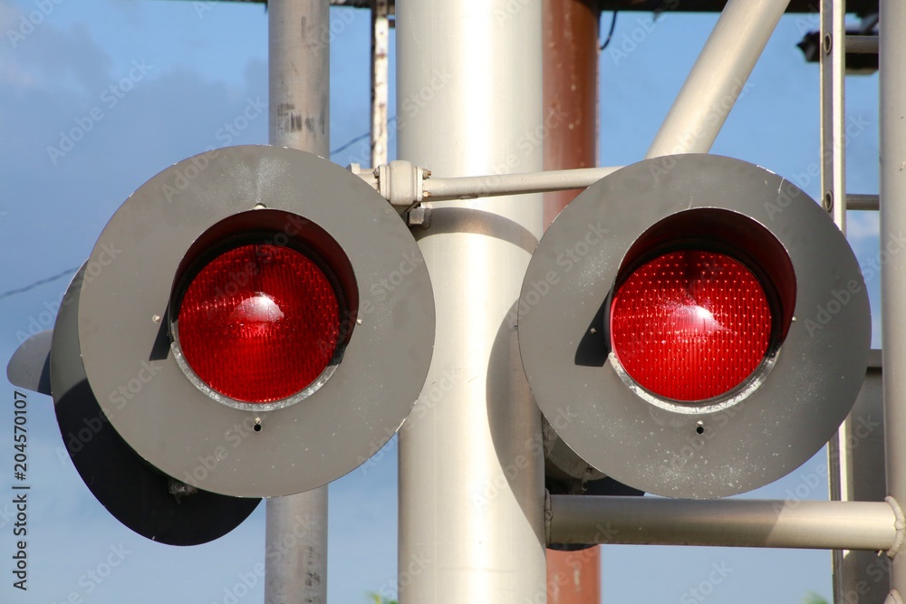 Red Flashing Railroad Crossing Lights Right Light Illuminated Stock