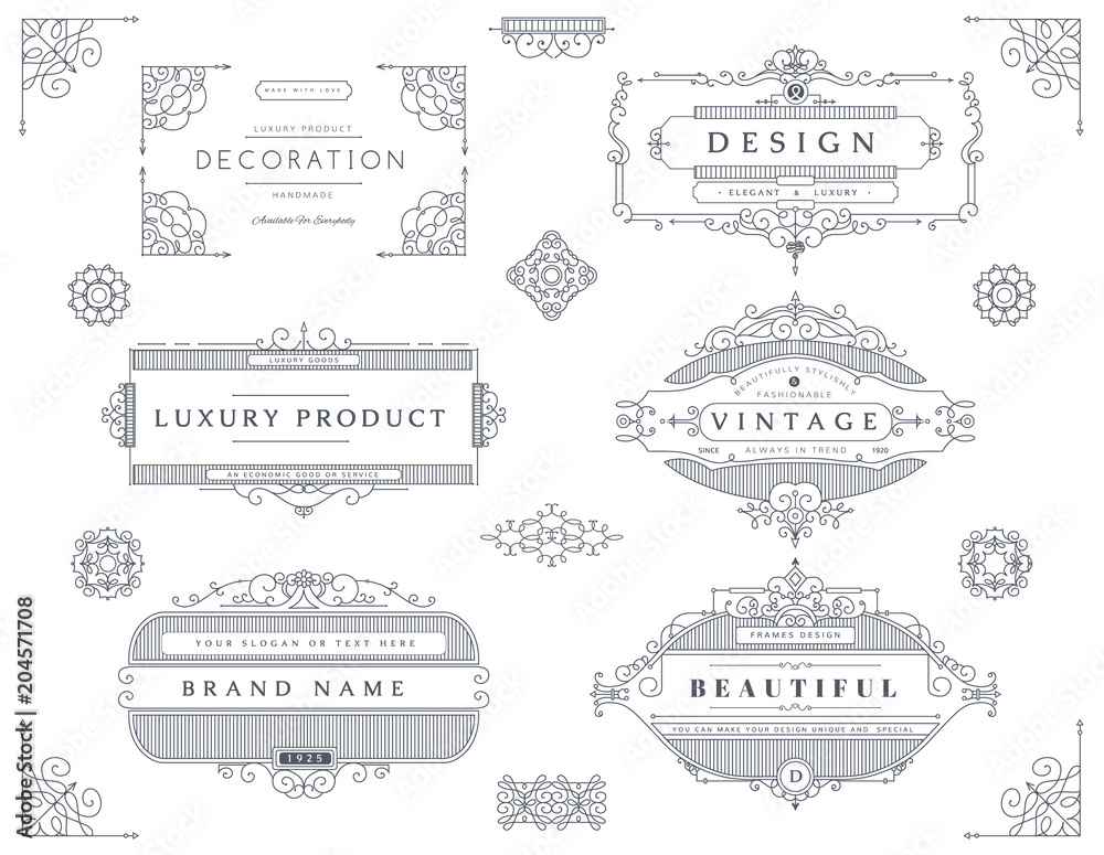 Collection of vintage patterns. Flourishes calligraphic ornaments and frames. Retro style of design elements, postcard, banners, logos. Vector templates.