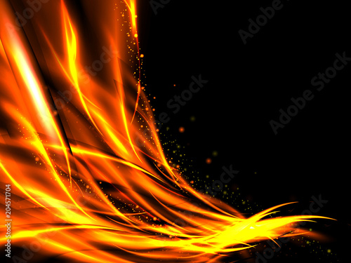 Abstract glowing lines of fire and stars on a black background, vector illustration
