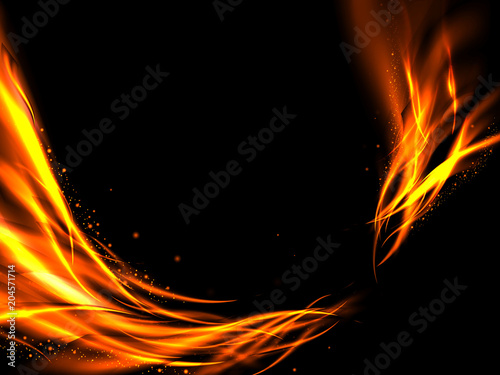 Abstract glowing lines of fire and stars on a black background, vector illustration
