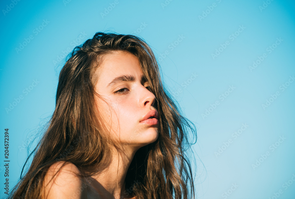 Girl with natural makeup look. Girl with healthy skin and hair, copy space Girl with natural makeup look. Girl with healthy skin and hair, copy space