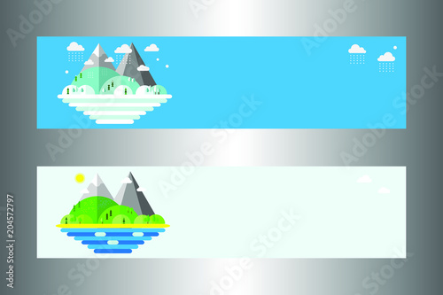 Set web banners templates, modern flat design conceptual landscapes with sea, beach, hills, trees and mountains. Vector illustration.